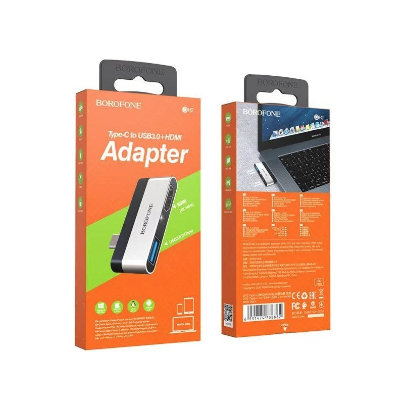 ADATTATORE BOROFONE DA USB-C A USB3.0/HDMI NEROSILVER 1