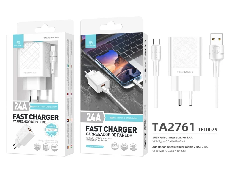 Caricabatterie Con Cavo USB Tipo C 2.4A 1M 2Usb Bianco