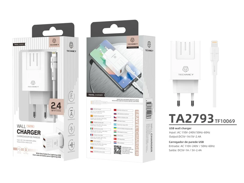 CARICABATTERIA LIGHTNING PER IPHONE 2.4A CON 2 USCITE Usb E CAVO DA 1 M White