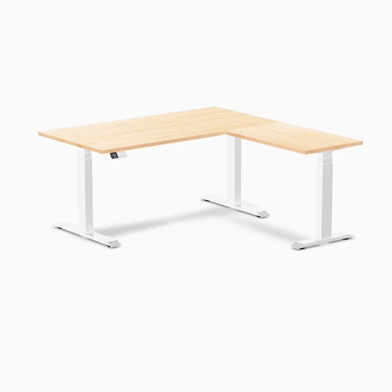 Desky Hardwood L-Shape Sit Stand Desk 150 x 155 cm Maple Top and White Leg