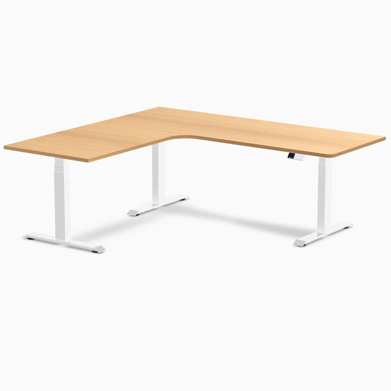 Desky L-Shape Melamine Sit Stand Desk 200cm - Left Return Select Beech Top and White Leg