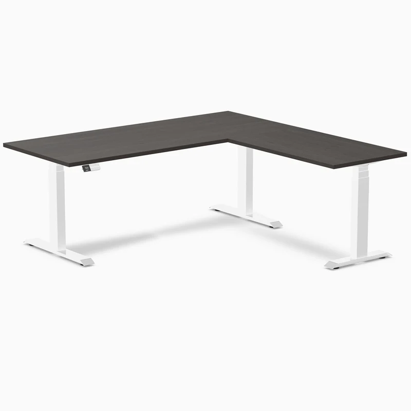 Desky Eco L-Shape Melamine Sit Stand Desk 180 x 175 cm Burnished Wood Top and White Leg