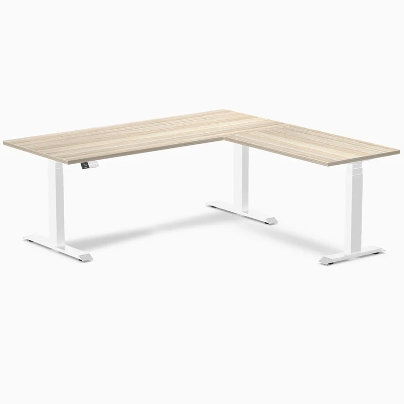 Desky Eco L-Shape Melamine Sit Stand Desk 180 x 175 cm Classic Oak Top and White Leg