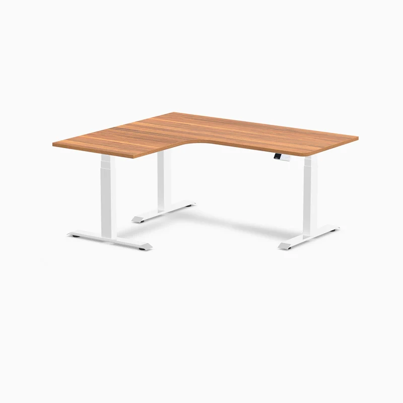 Desky L-Shape Melamine Sit Stand Desk 160cm - Left Return Prime Oak Top and White Leg