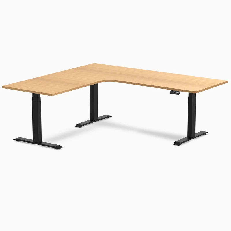 Desky L-Shape Melamine Sit Stand Desk 200cm - Right Return Select Beech Top and Matte Black Leg