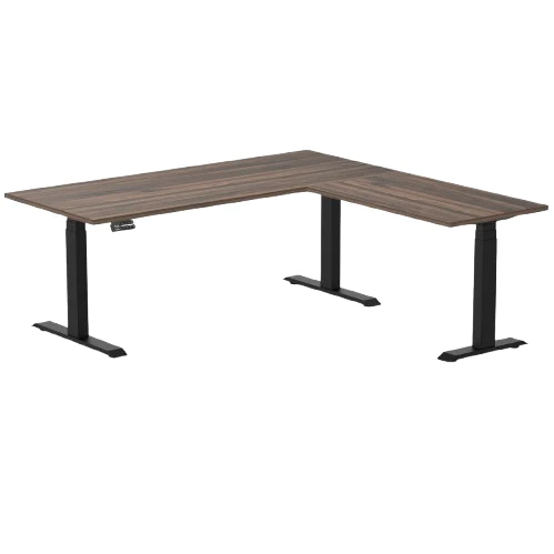 Desky Eco L-Shape Melamine Sit Stand Desk 180 x 175 cm Jarrah Legno Top and Matte Black Leg