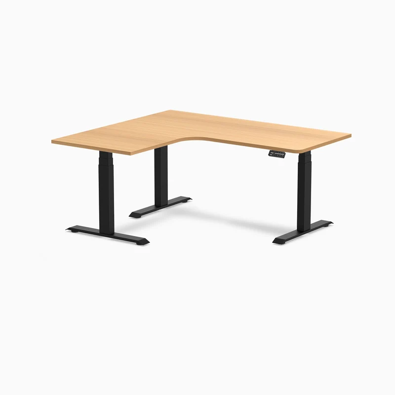 Desky L-Shape Melamine Sit Stand Desk 160cm - Right Return Select Beech Top and Matte Black Leg