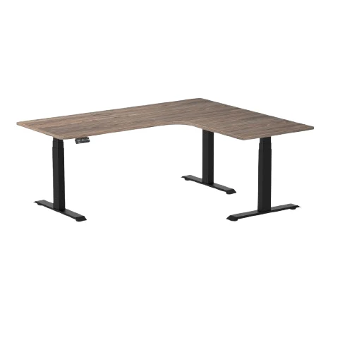 Desky L-Shape Melamine Sit Stand Desk 180cm - Left Return Natural Walnut Top and Matte Black Leg