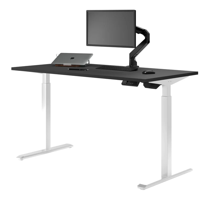 Desky Single Sit Stand Gaming Desk 150cm Black Desktop and White Frame