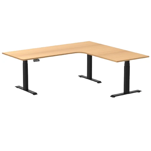 Desky L-Shape Melamine Sit Stand Desk 200cm - Left Return Select Beech Top and Matte Black Leg