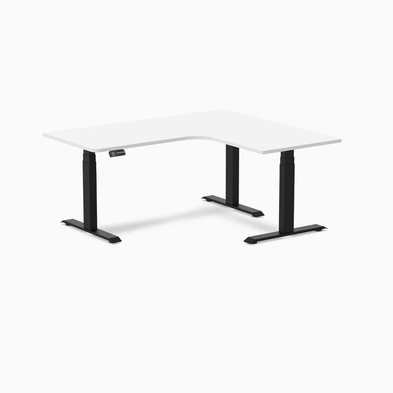 Desky L-Shape Melamine Sit Stand Desk 160cm - Right Return White Top and Matte Black Leg