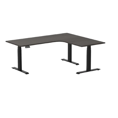 Desky L-Shape Melamine Sit Stand Desk 180cm - Left Return Black Top and Matte Black Leg