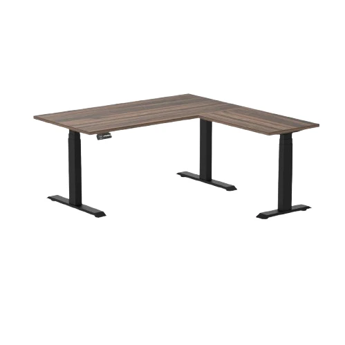 Desky Eco L-Shape Melamine Sit Stand Desk 150 x 155 cm Jarrah Legno Top and Matte Black Leg