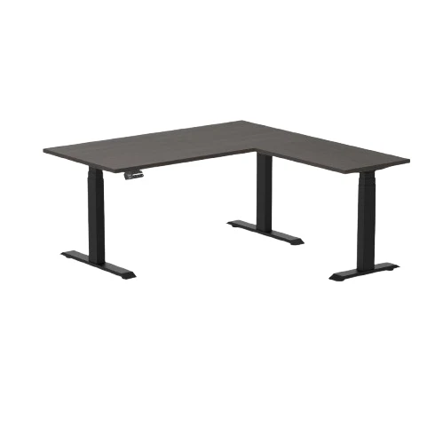 Desky Eco L-Shape Melamine Sit Stand Desk 150 x 155 cm Burnished Wood Top and Matte Black Leg