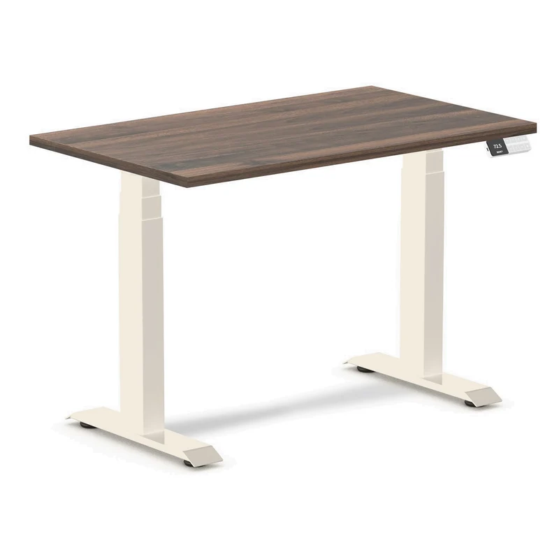 Desky Dual Mini Sit Stand Desk 1000x600 Jarrah Legno Desktop and Wheat Frame
