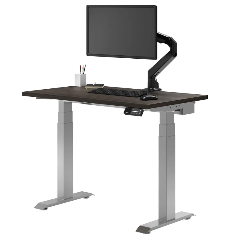 Desky Dual Mini Sit Stand Desk 800x500 Burnished Wood Desktop and Grey Frame