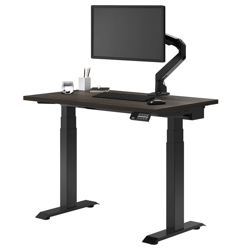 Desky Dual Mini Sit Stand Desk 800x500 Burnished Wood Desktop and Matte Black Frame