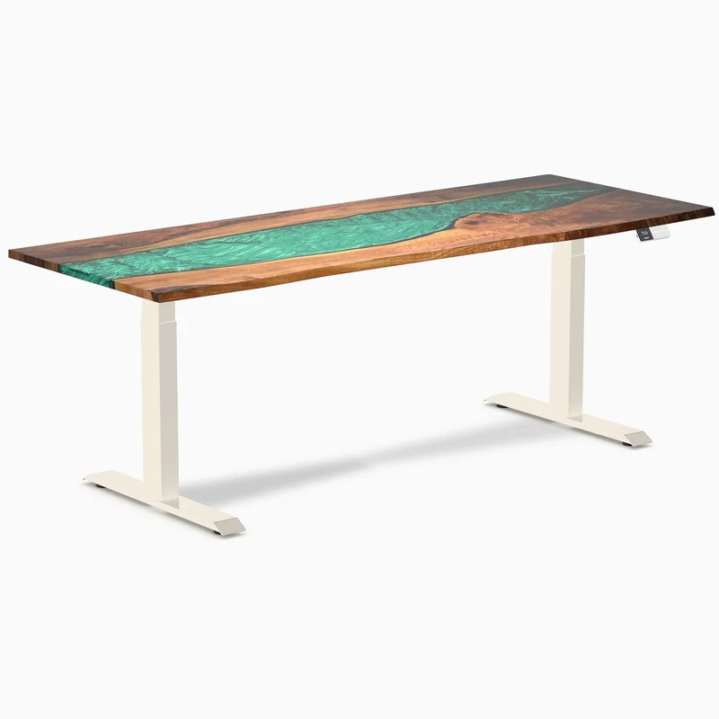 Desky Dual Resin Hardwood Sit Stand Desk 200cm Natural Walnut Emerald River Desktop and Wheat Frame