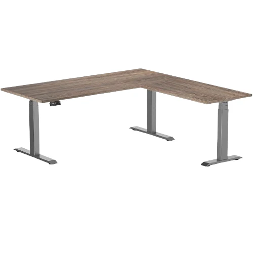 Desky Eco L-Shape Melamine Sit Stand Desk 180 x 175 cm Natural Walnut Top and Space Grey Leg