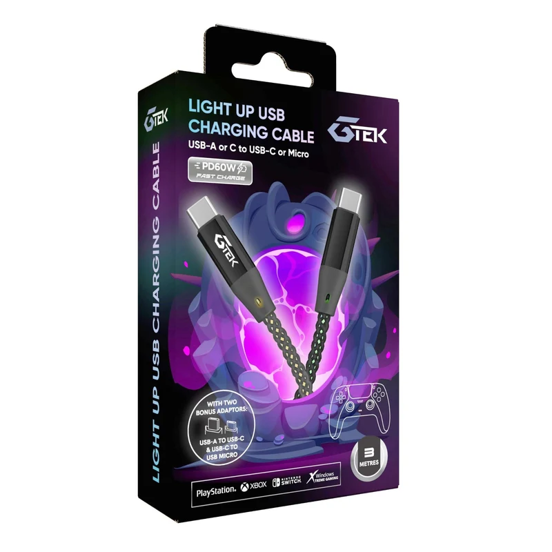 Gtek USB-C LED Light Up Charging Cable with USB-A Adapter - 3 Meter