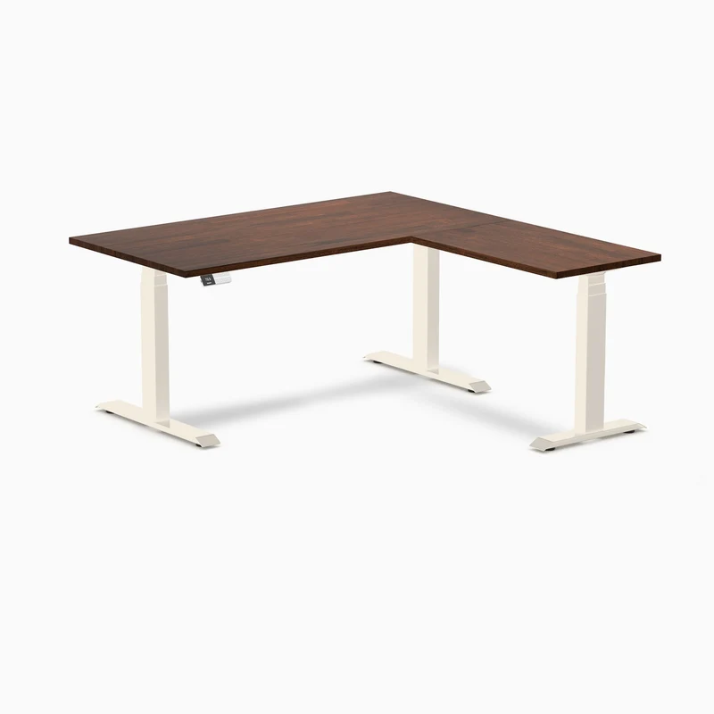 Desky Rubberwood L-Shape Sit Stand Desk 150 x 155 cm Red Walnut Top and Wheat Leg
