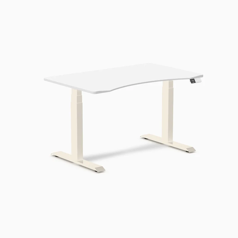 Desky Dual Ergo Edge Sit Stand Desk 120cm White Desktop and Wheat Frame