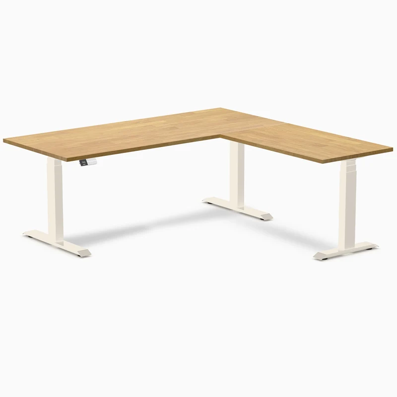 Desky Rubberwood L-Shape Sit Stand Desk 180 x 175 cm Light Oak Top and Wheat Leg