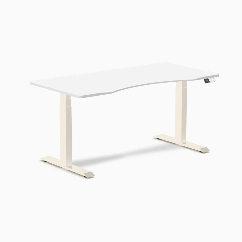 Desky Dual Ergo Edge Sit Stand Desk 150cm White Desktop and Wheat Frame