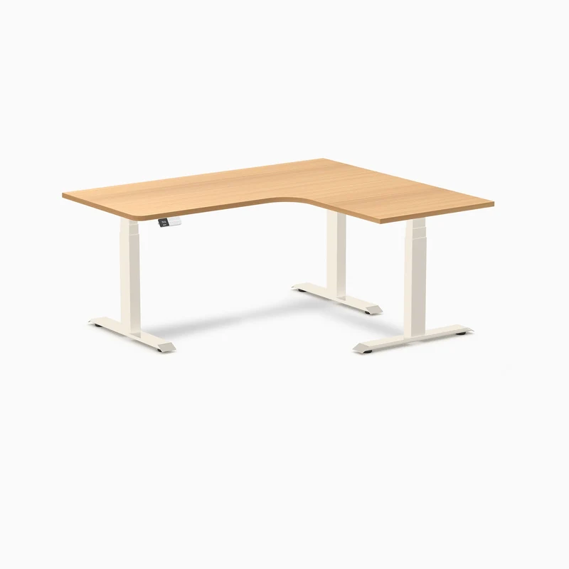 Desky L-Shape Melamine Sit Stand Desk 160cm - Right Return Select Beech Top and Wheat Leg