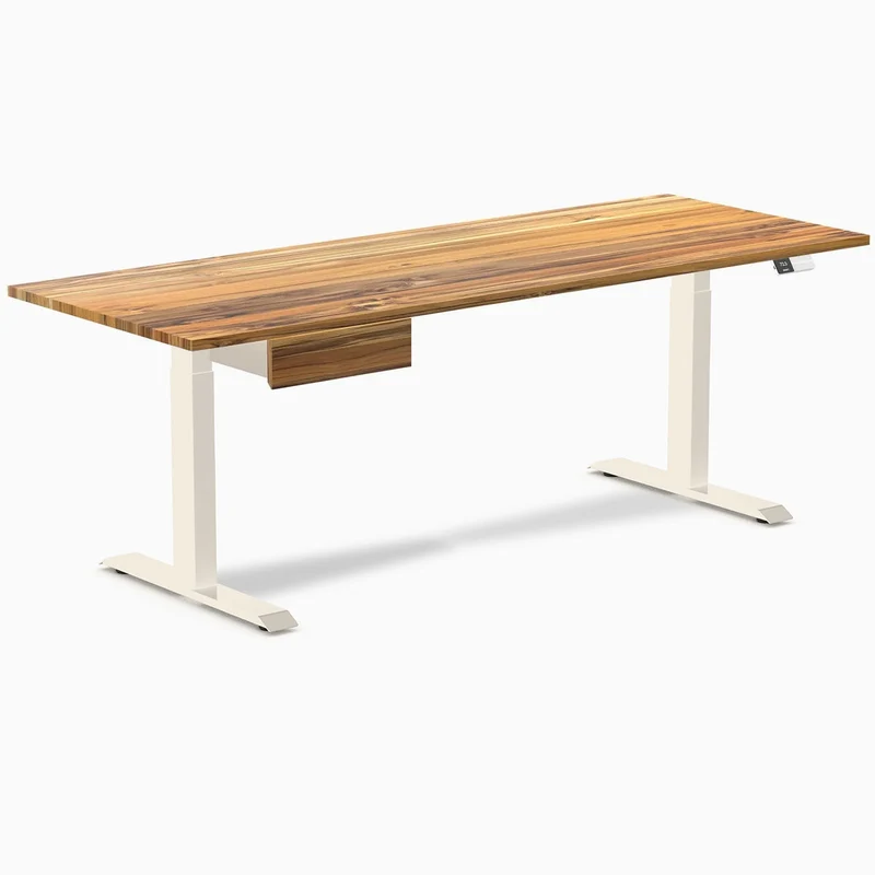Desky Dual Hardwood Standing Desk With Drawer 200cm Teak Desktop and Wheat Frame