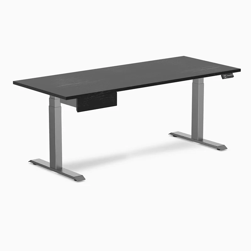 Desky Dual Hardwood Standing Desk With Drawer 180cm Black Ash Desktop and Space Grey Frame