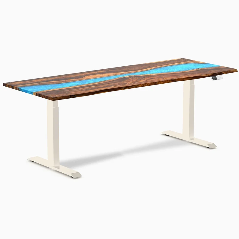Desky Dual Resin Hardwood Sit Stand Desk 200cm Pheasantwood Blue River Desktop and Wheat Frame