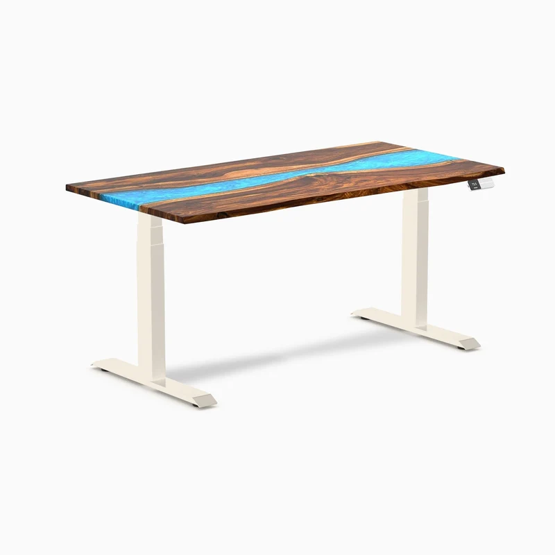 Desky Dual Resin Hardwood Sit Stand Desk 150cm Pheasantwood Blue River Desktop and Wheat Frame