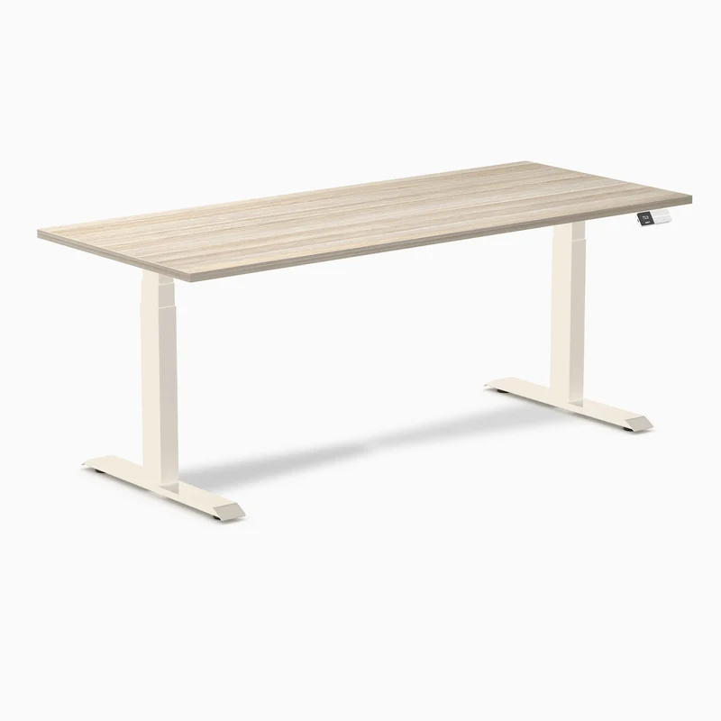 Desky Dual Melamine Sit Stand Desk 180cm Classic Oak Desktop and Wheat Frame