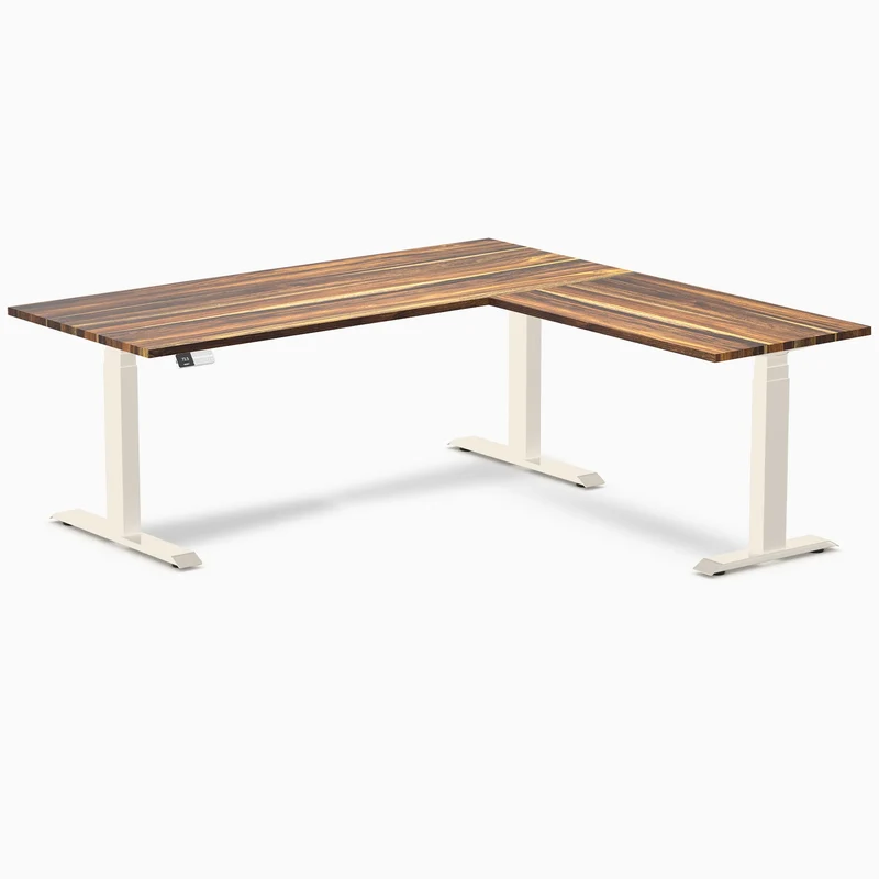 Desky Hardwood L-Shape Sit Stand Desk 180 x 175 cm Pheasantwood / Wheat Top and Wheat Leg