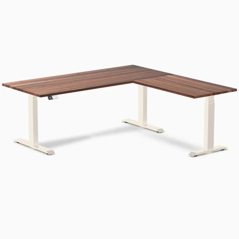 Desky Hardwood L-Shape Sit Stand Desk 180 x 175 cm Walnut / Wheat Top and Wheat Leg