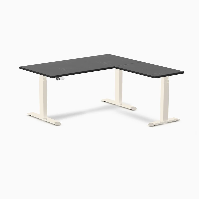 Desky Hardwood L-Shape Sit Stand Desk 150 x 155 cm Black Ash / Wheat Top and Wheat Leg