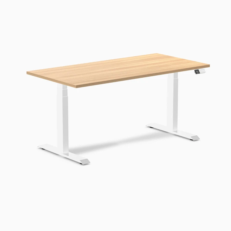 Desky Dual Melamine Sit Stand Desk 150cm Sublime Teak Desktop and White Frame