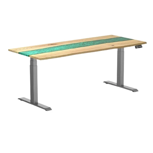 Desky Dual Resin Hardwood Sit Stand Desk 180cm White Ash Emerald River Desktop and Space Grey Frame