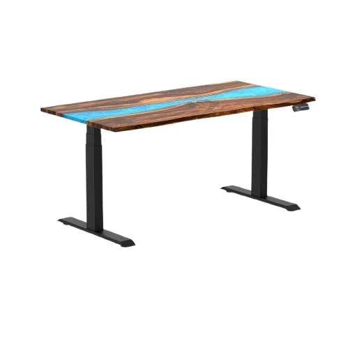 Desky Dual Resin Hardwood Sit Stand Desk 150cm Pheasantwood Blue River Desktop and Black Frame
