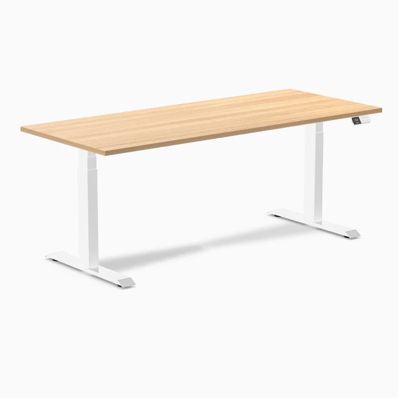 Desky Dual Melamine Sit Stand Desk 180cm Sublime Teak Desktop and White Frame