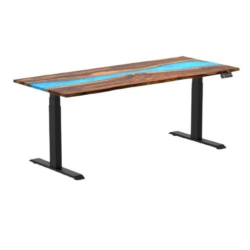 Desky Dual Resin Hardwood Sit Stand Desk 180cm Pheasantwood Blue River Desktop and Black Frame
